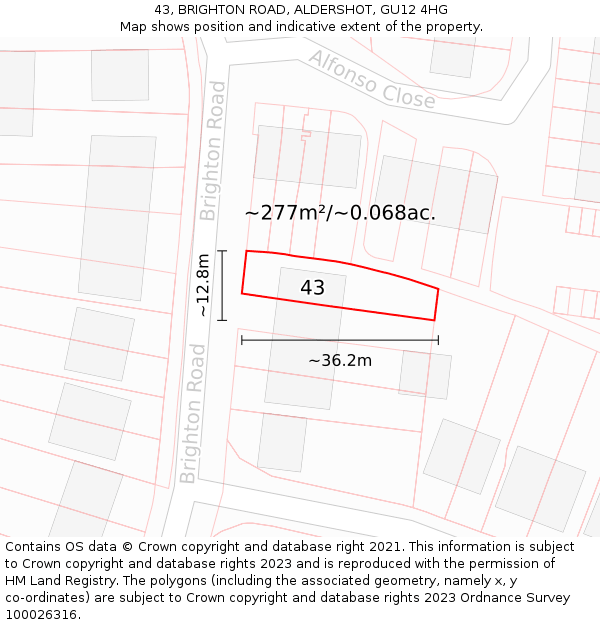 43, BRIGHTON ROAD, ALDERSHOT, GU12 4HG: Plot and title map