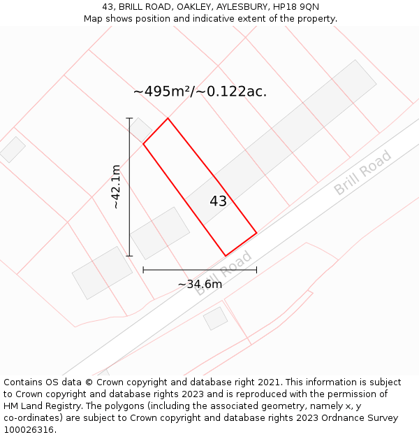 43, BRILL ROAD, OAKLEY, AYLESBURY, HP18 9QN: Plot and title map