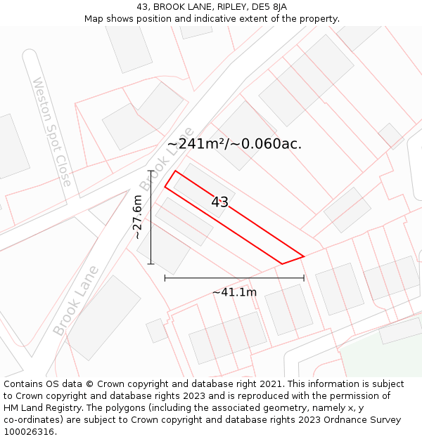 43, BROOK LANE, RIPLEY, DE5 8JA: Plot and title map