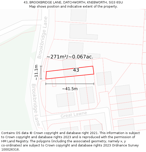 43, BROOKBRIDGE LANE, DATCHWORTH, KNEBWORTH, SG3 6SU: Plot and title map