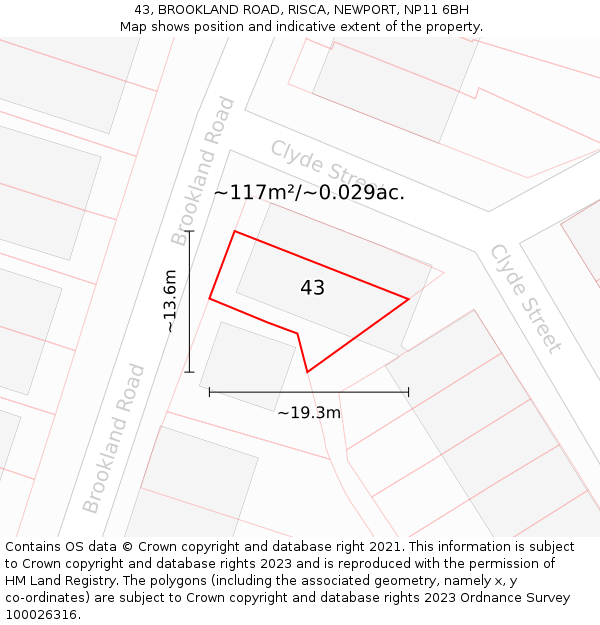 43, BROOKLAND ROAD, RISCA, NEWPORT, NP11 6BH: Plot and title map