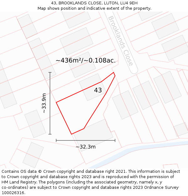 43, BROOKLANDS CLOSE, LUTON, LU4 9EH: Plot and title map