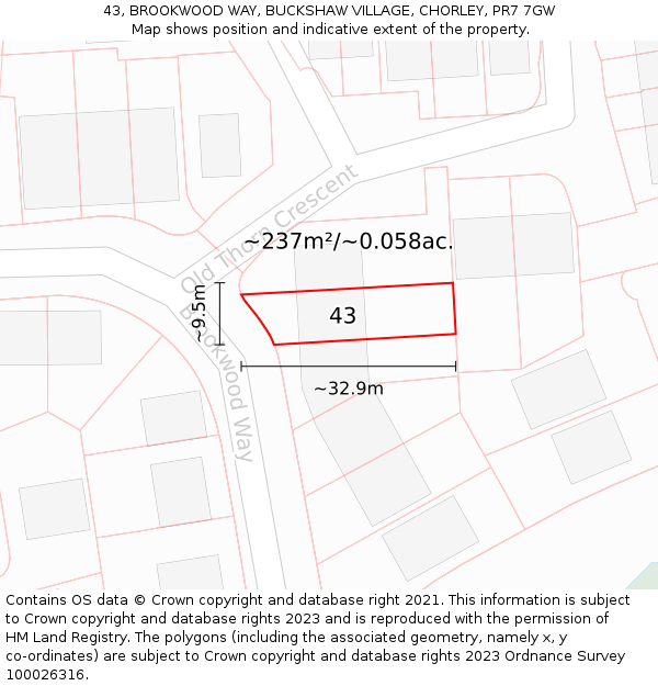 43, BROOKWOOD WAY, BUCKSHAW VILLAGE, CHORLEY, PR7 7GW: Plot and title map