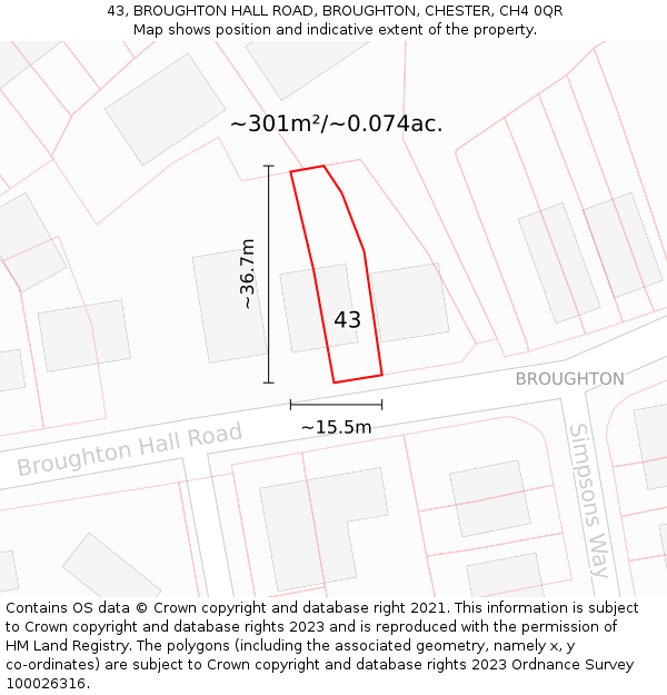 43, BROUGHTON HALL ROAD, BROUGHTON, CHESTER, CH4 0QR: Plot and title map