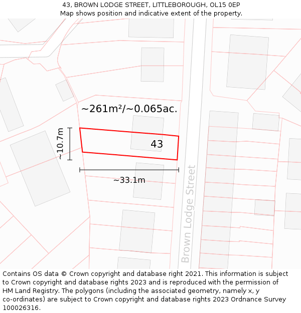 43, BROWN LODGE STREET, LITTLEBOROUGH, OL15 0EP: Plot and title map