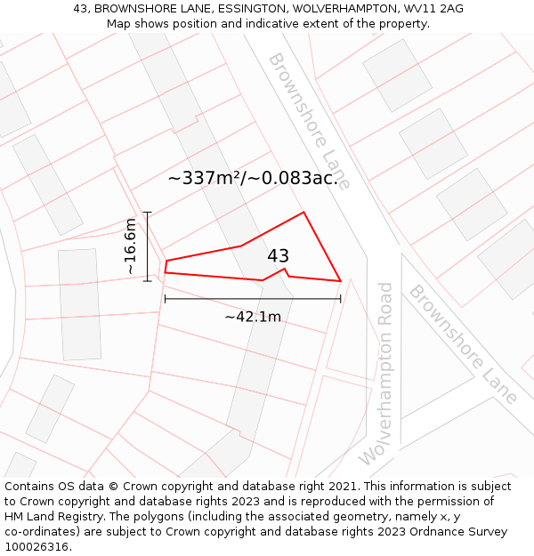 43, BROWNSHORE LANE, ESSINGTON, WOLVERHAMPTON, WV11 2AG: Plot and title map