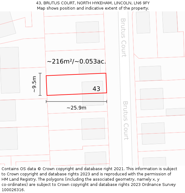 43, BRUTUS COURT, NORTH HYKEHAM, LINCOLN, LN6 9FY: Plot and title map