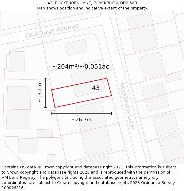 43, BUCKTHORN LANE, BLACKBURN, BB2 5AR: Plot and title map