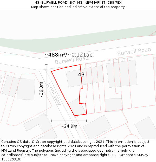 43, BURWELL ROAD, EXNING, NEWMARKET, CB8 7EX: Plot and title map