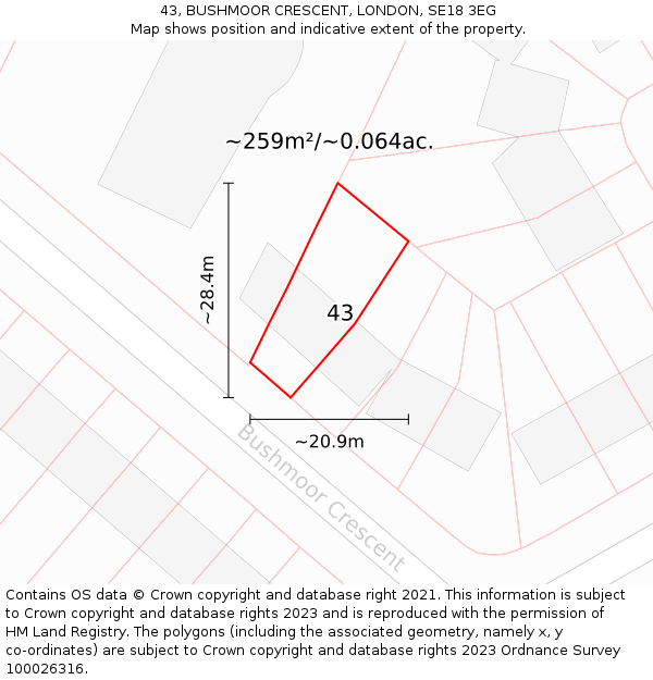 43, BUSHMOOR CRESCENT, LONDON, SE18 3EG: Plot and title map