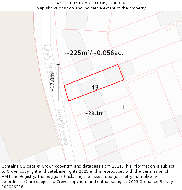 43, BUTELY ROAD, LUTON, LU4 9EW: Plot and title map