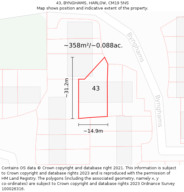 43, BYNGHAMS, HARLOW, CM19 5NS: Plot and title map