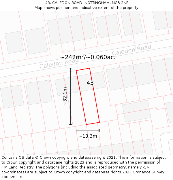 43, CALEDON ROAD, NOTTINGHAM, NG5 2NF: Plot and title map