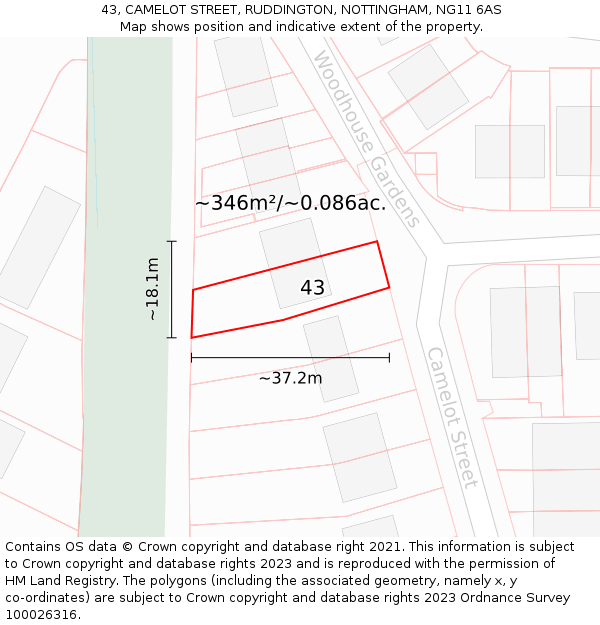 43, CAMELOT STREET, RUDDINGTON, NOTTINGHAM, NG11 6AS: Plot and title map