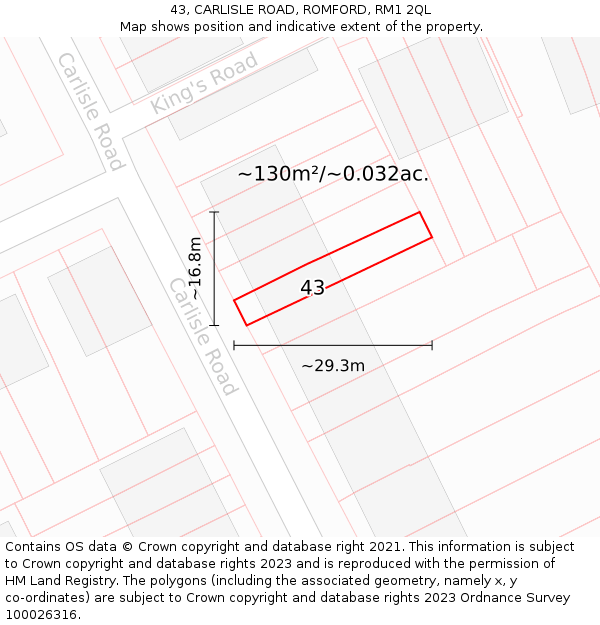 43, CARLISLE ROAD, ROMFORD, RM1 2QL: Plot and title map