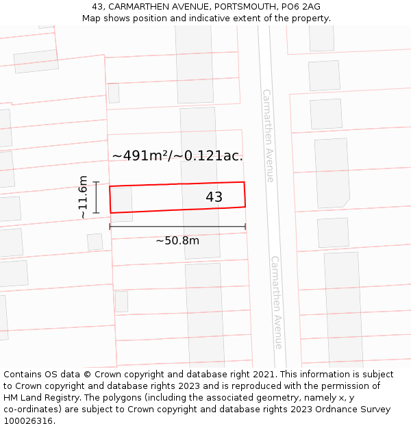 43, CARMARTHEN AVENUE, PORTSMOUTH, PO6 2AG: Plot and title map