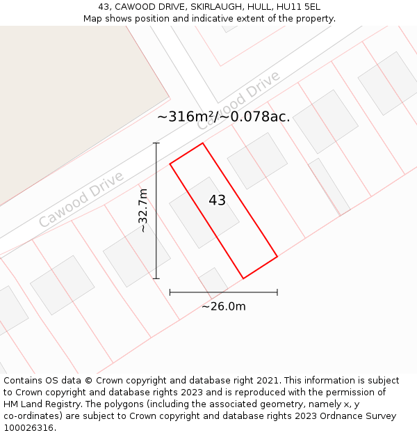 43, CAWOOD DRIVE, SKIRLAUGH, HULL, HU11 5EL: Plot and title map