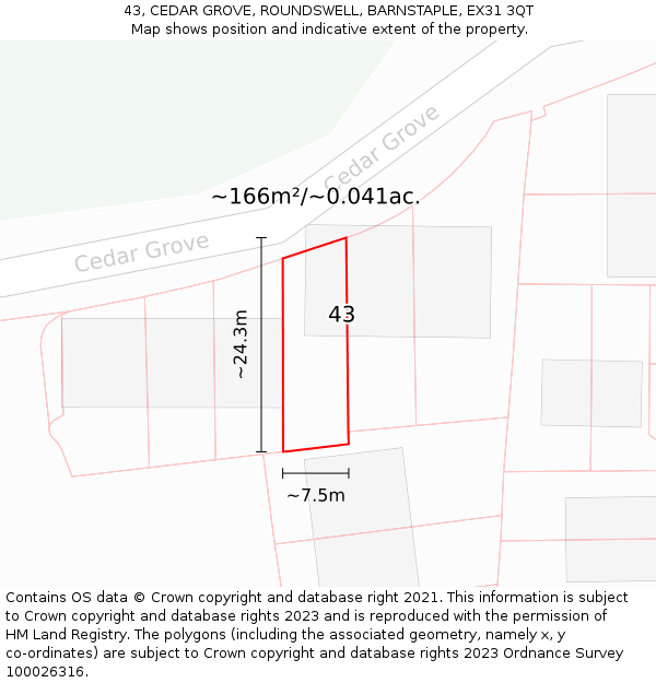 43, CEDAR GROVE, ROUNDSWELL, BARNSTAPLE, EX31 3QT: Plot and title map