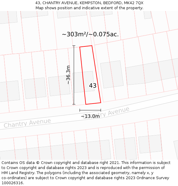 43, CHANTRY AVENUE, KEMPSTON, BEDFORD, MK42 7QX: Plot and title map