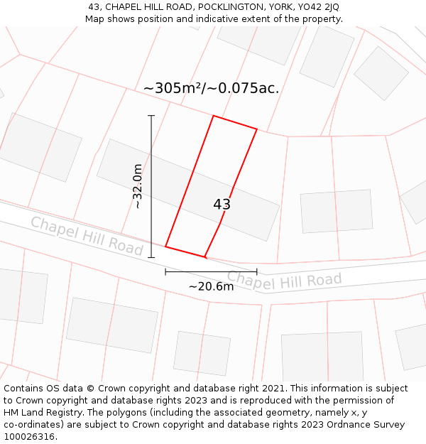 43, CHAPEL HILL ROAD, POCKLINGTON, YORK, YO42 2JQ: Plot and title map