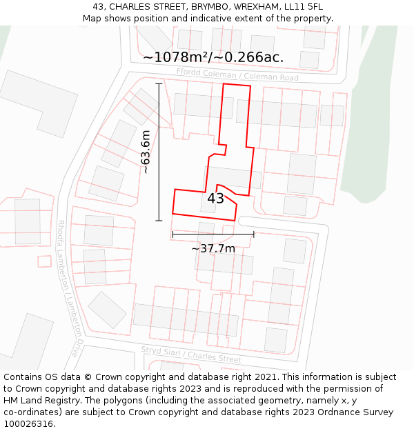 43, CHARLES STREET, BRYMBO, WREXHAM, LL11 5FL: Plot and title map