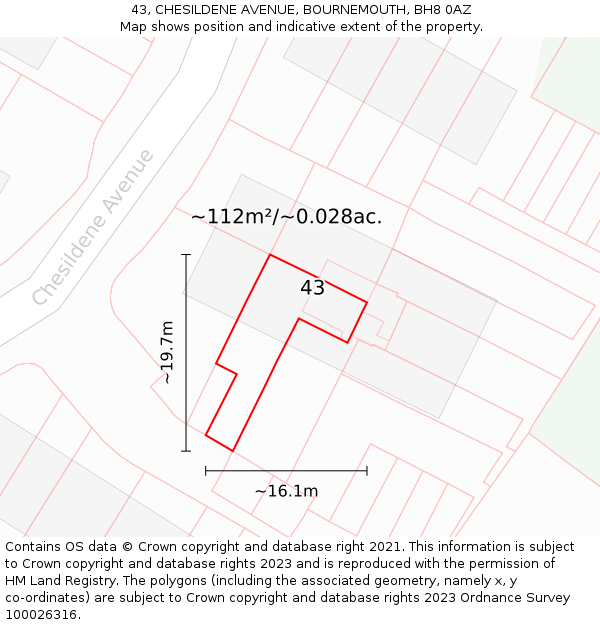 43, CHESILDENE AVENUE, BOURNEMOUTH, BH8 0AZ: Plot and title map