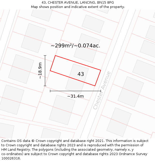 43, CHESTER AVENUE, LANCING, BN15 8PG: Plot and title map