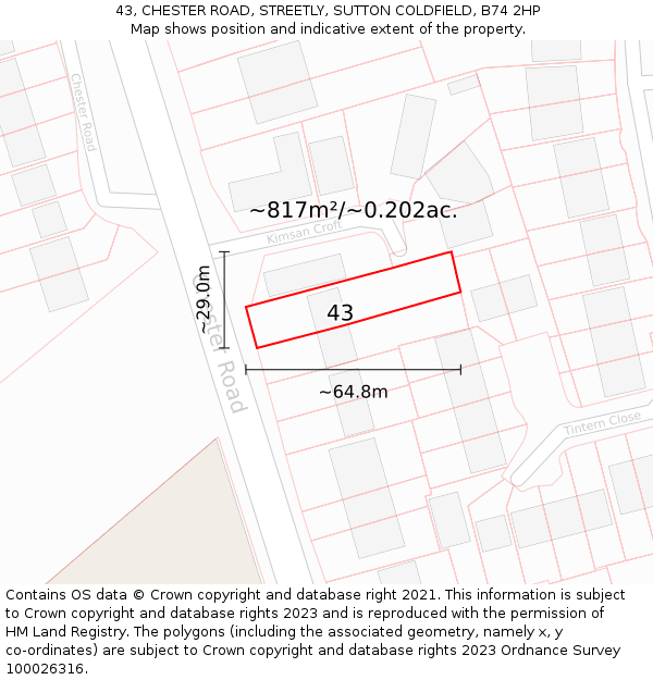 43, CHESTER ROAD, STREETLY, SUTTON COLDFIELD, B74 2HP: Plot and title map