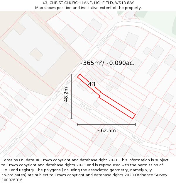 43, CHRIST CHURCH LANE, LICHFIELD, WS13 8AY: Plot and title map