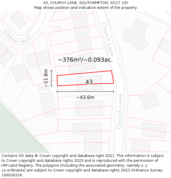 43, CHURCH LANE, SOUTHAMPTON, SO17 1SY: Plot and title map