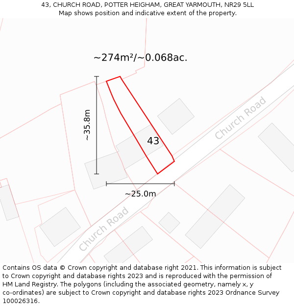 43, CHURCH ROAD, POTTER HEIGHAM, GREAT YARMOUTH, NR29 5LL: Plot and title map