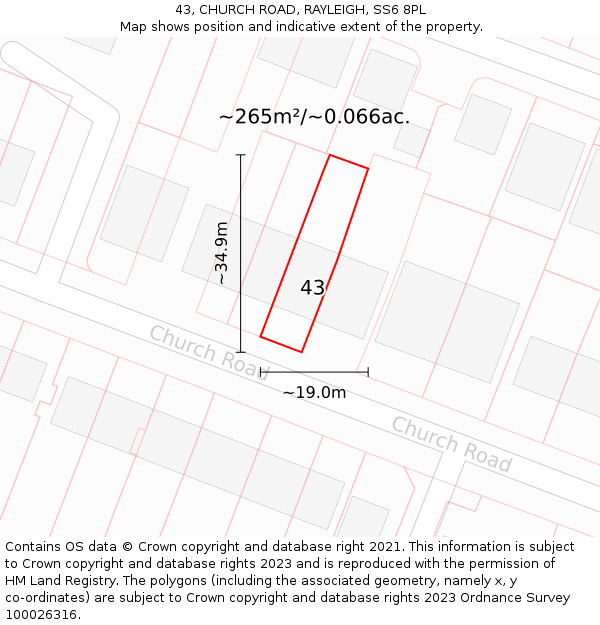 43, CHURCH ROAD, RAYLEIGH, SS6 8PL: Plot and title map