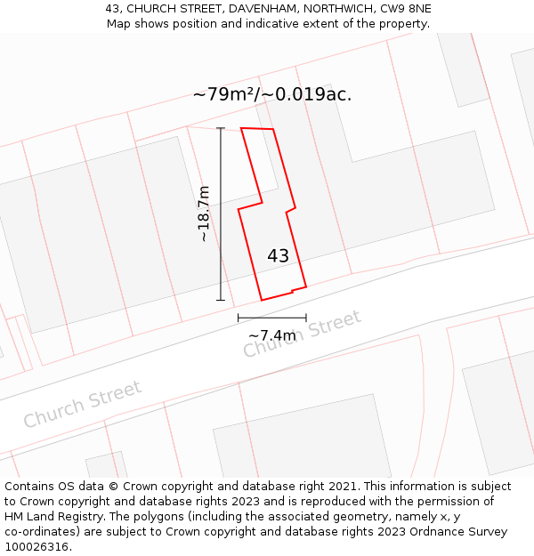 43, CHURCH STREET, DAVENHAM, NORTHWICH, CW9 8NE: Plot and title map