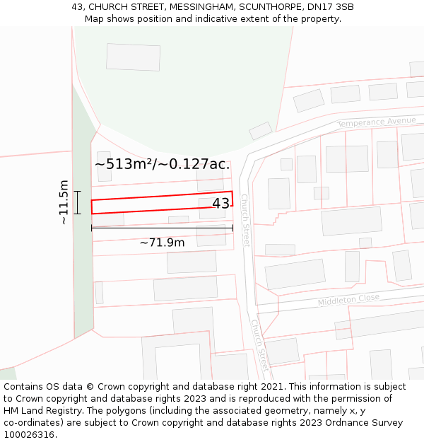 43, CHURCH STREET, MESSINGHAM, SCUNTHORPE, DN17 3SB: Plot and title map