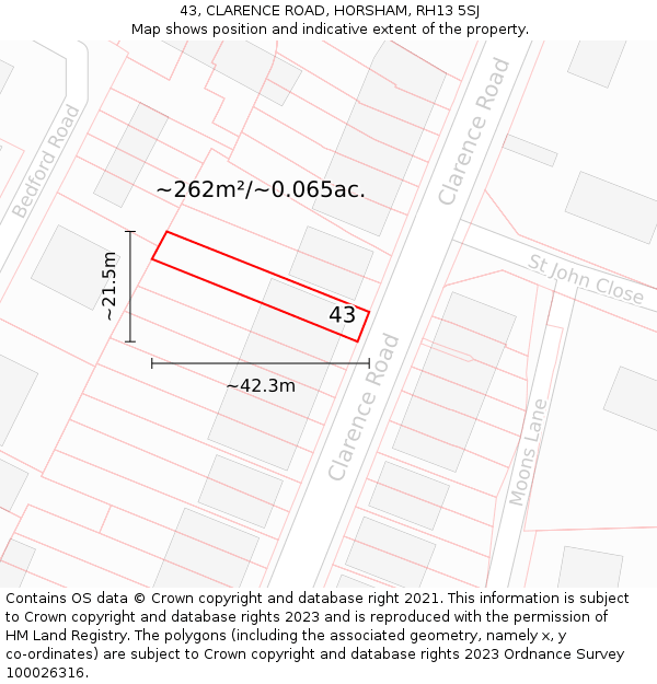 43, CLARENCE ROAD, HORSHAM, RH13 5SJ: Plot and title map