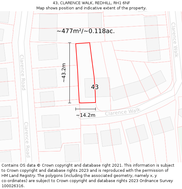 43, CLARENCE WALK, REDHILL, RH1 6NF: Plot and title map