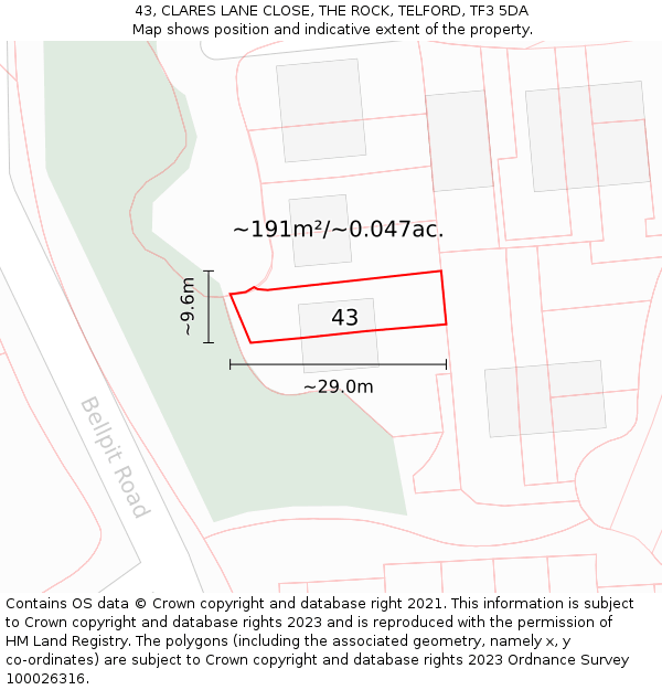 43, CLARES LANE CLOSE, THE ROCK, TELFORD, TF3 5DA: Plot and title map