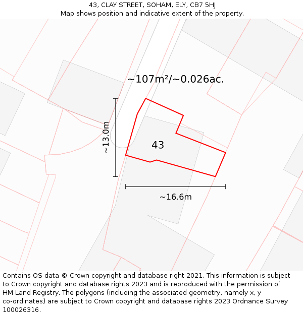 43, CLAY STREET, SOHAM, ELY, CB7 5HJ: Plot and title map