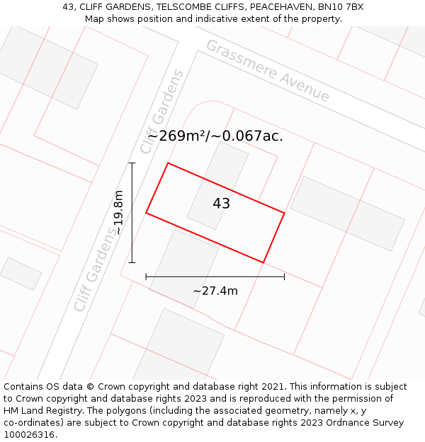 43, CLIFF GARDENS, TELSCOMBE CLIFFS, PEACEHAVEN, BN10 7BX: Plot and title map