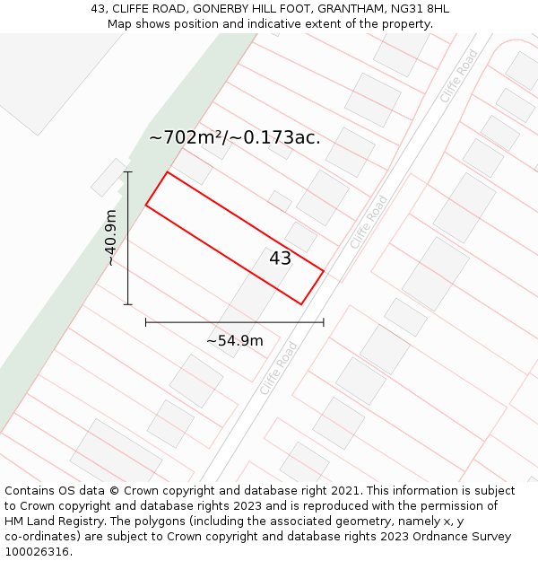 43, CLIFFE ROAD, GONERBY HILL FOOT, GRANTHAM, NG31 8HL: Plot and title map