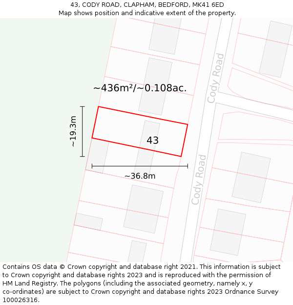 43, CODY ROAD, CLAPHAM, BEDFORD, MK41 6ED: Plot and title map