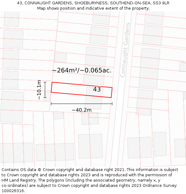 43, CONNAUGHT GARDENS, SHOEBURYNESS, SOUTHEND-ON-SEA, SS3 9LR: Plot and title map