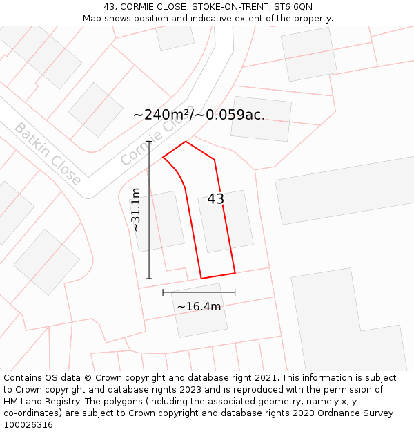 43, CORMIE CLOSE, STOKE-ON-TRENT, ST6 6QN: Plot and title map