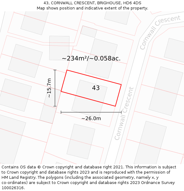 43, CORNWALL CRESCENT, BRIGHOUSE, HD6 4DS: Plot and title map