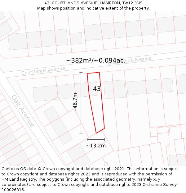 43, COURTLANDS AVENUE, HAMPTON, TW12 3NS: Plot and title map