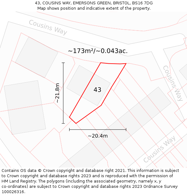 43, COUSINS WAY, EMERSONS GREEN, BRISTOL, BS16 7DG: Plot and title map