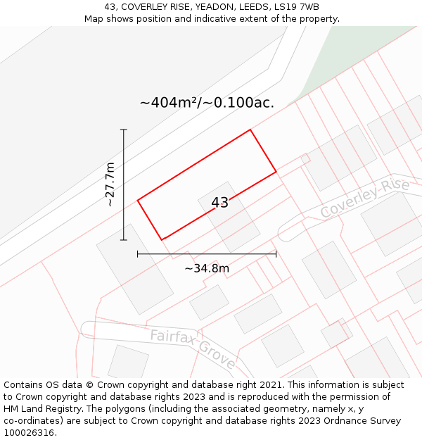 43, COVERLEY RISE, YEADON, LEEDS, LS19 7WB: Plot and title map