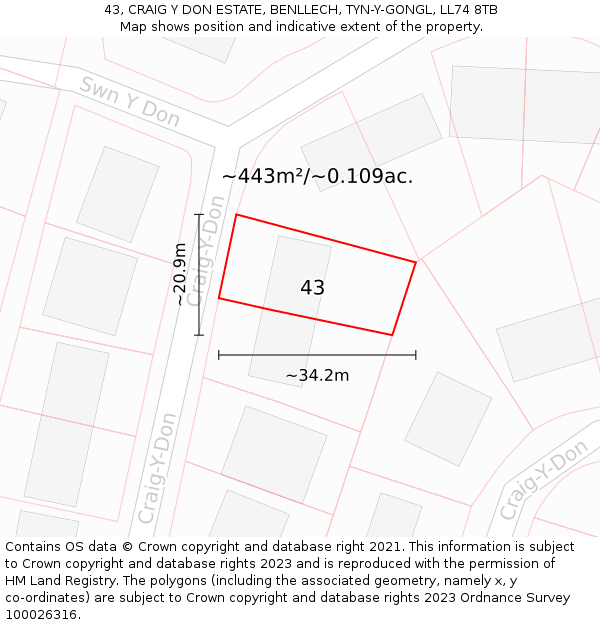 43, CRAIG Y DON ESTATE, BENLLECH, TYN-Y-GONGL, LL74 8TB: Plot and title map