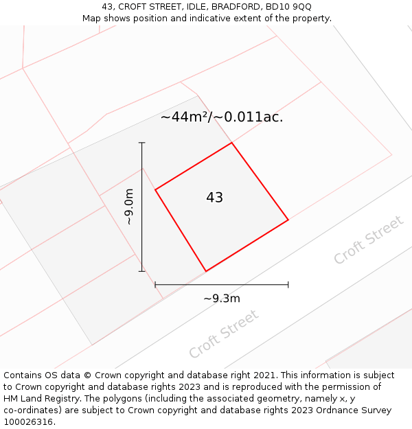 43, CROFT STREET, IDLE, BRADFORD, BD10 9QQ: Plot and title map