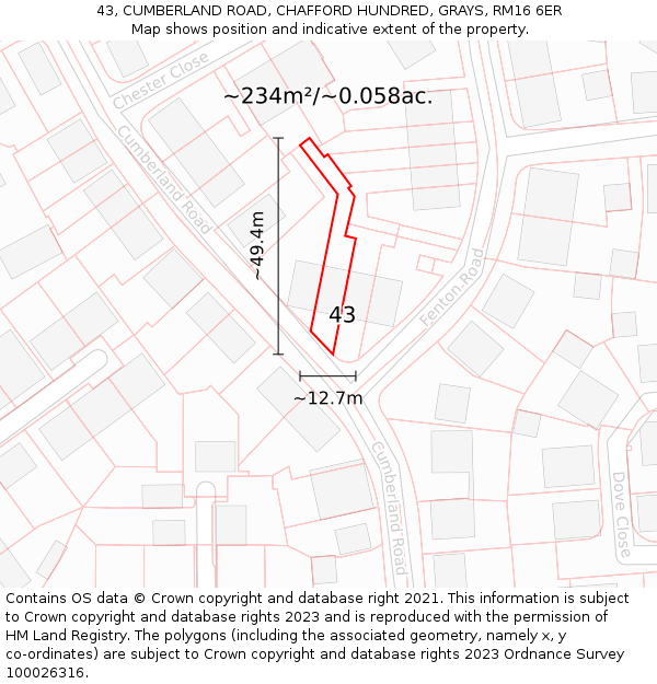 43, CUMBERLAND ROAD, CHAFFORD HUNDRED, GRAYS, RM16 6ER: Plot and title map